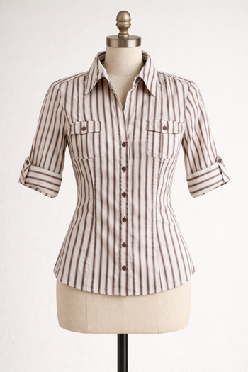 Chemisier manches courtes rayé crème et marron Taille 40 Camaïeu