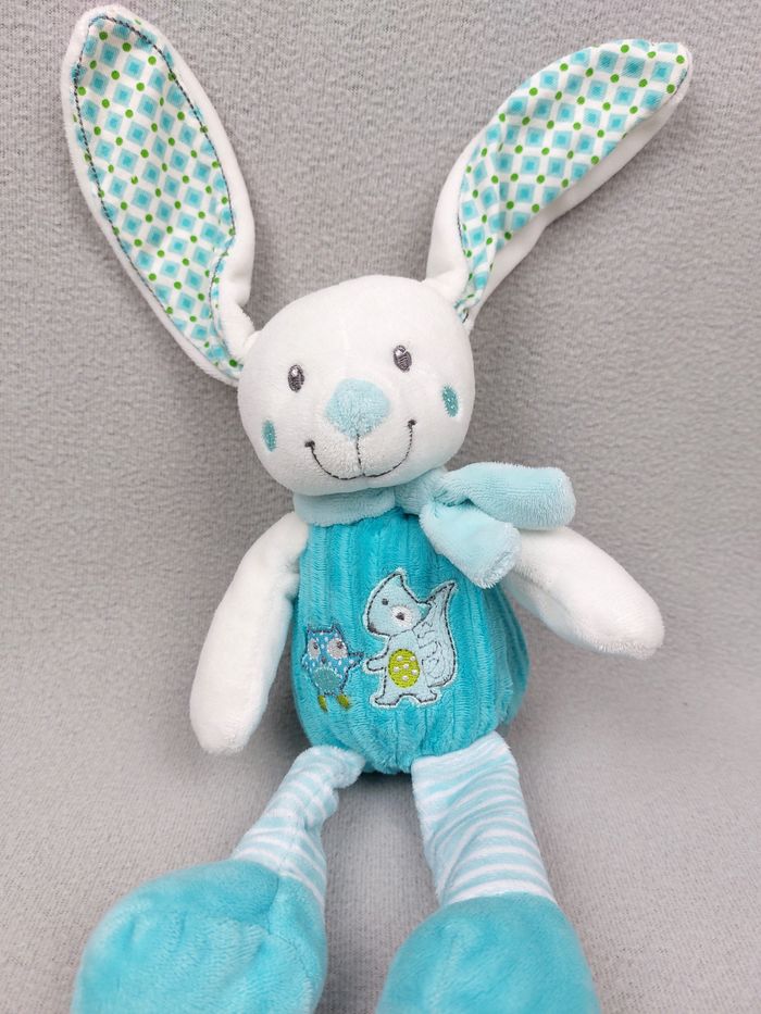 Doudou peluche lapin bleu blanc MOTS D'ENFANTS écharpe chouette écureuil - photo numéro 2