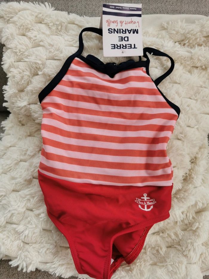 Maillot de bain 1 pièce Terre de marins rayé rouge taille 2 ans