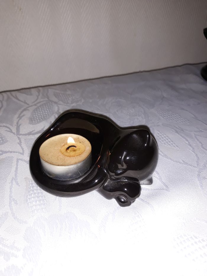 Faby27800 Porte bougie "Partylite" Chaton dormeur en céramique noire pour bougies réchaud - photo numéro 2