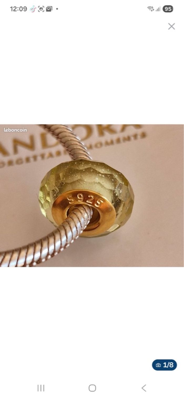 Charm compatible Pandora — verre facetté vert — argent 925 (S925) — cœur doré - photo numéro 2