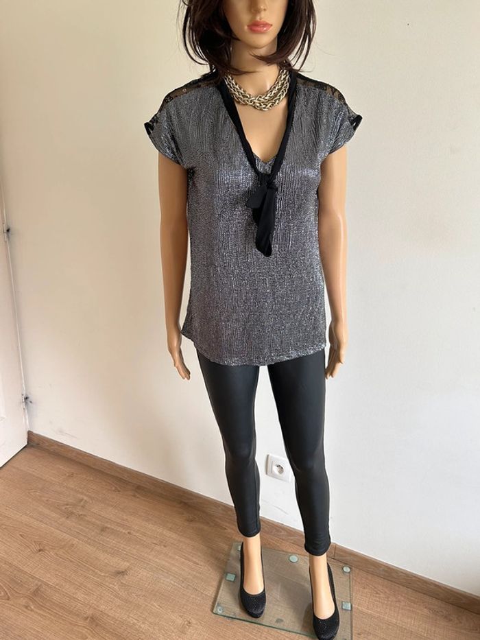 Haut argenté et noir à manches courtes Morgan taille XS jamais porté - photo numéro 3