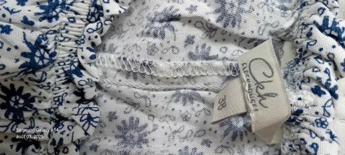 Blouse courte large col Bardot elastique potif fleurs bleu femme 38 clockhouse - photo numéro 14
