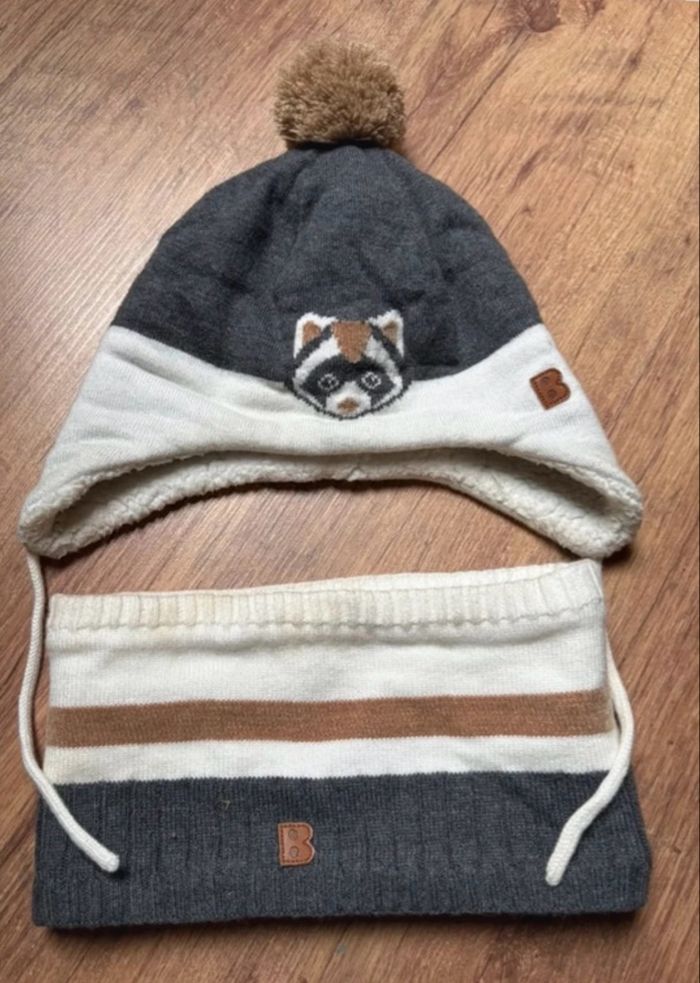 Ensemble bonnet & cache-cou Obaïbi – gris/blanc/beige – parfait état
