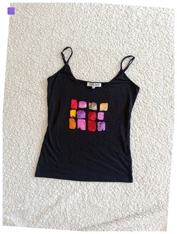 Débardeur noir Fuego en rayon à sequins multicolores vintage