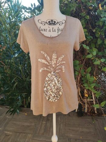 Tunique marron scintillante avec ananas en sequin doré taille 38
