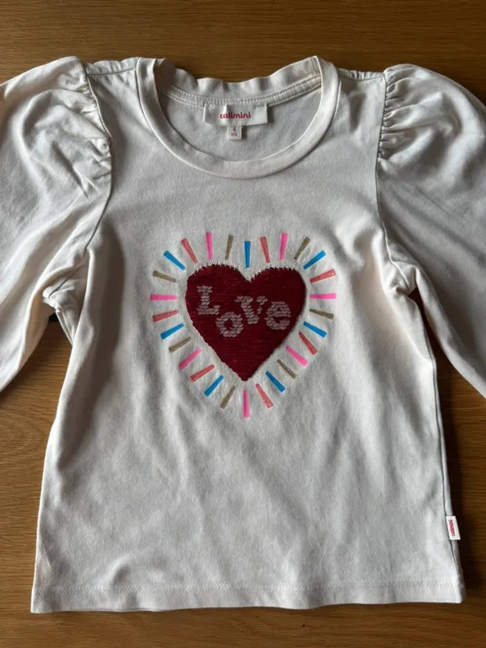 Tenue 2 pièces, tregging jeans pailleté bleu denim et top ML beige cœur sequins - Taille 4 Ans - photo numéro 5