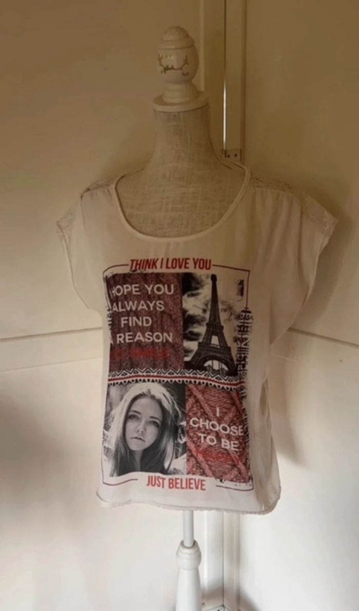 Teeshirt femme crème dessin devant taille L 40