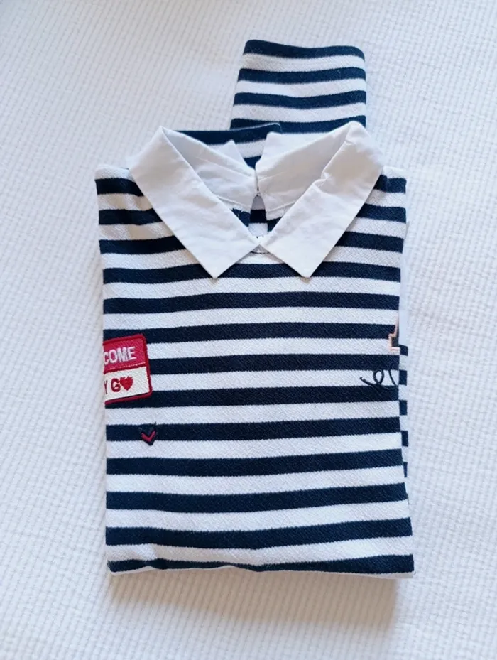 Pull marinière blanc et noir avec fausse chemise One by Gémo Taille S - photo numéro 2