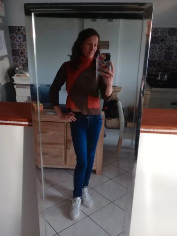 Pull femme s asymétrique marron et brique c73