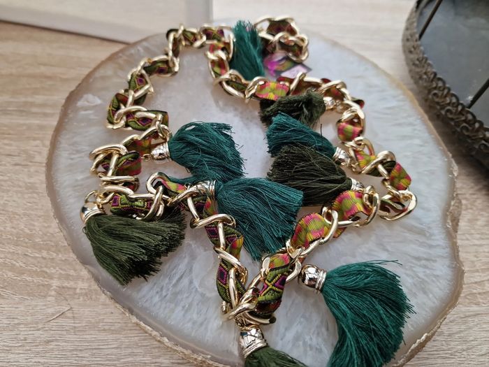 Collier Sautoir Boheme Doré Pompons Verts Ruban Multicolore - photo numéro 8