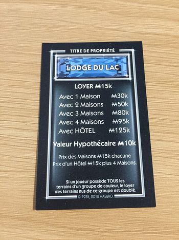Carte titre de propriété Lodge du lac pièce détachée jeu de société Monopoly Millionnaire #A45