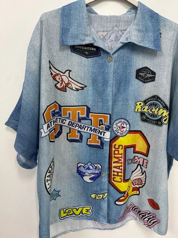 ensemble effet jean chemise avec pantalon imprimé américain usa LA - photo numéro 2