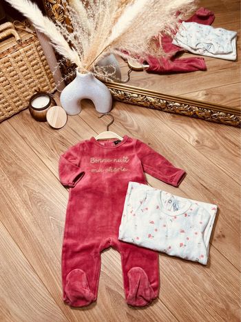 Taille 3 mois lot de 2 pyjamas velours fille FPC blanc vieux rose * bonne nuit * 🎀