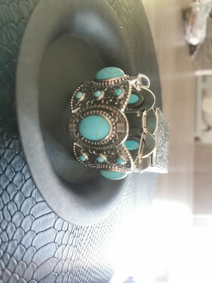 Bracelet style country cowboy argenté et bleu turquoise - photo numéro 2