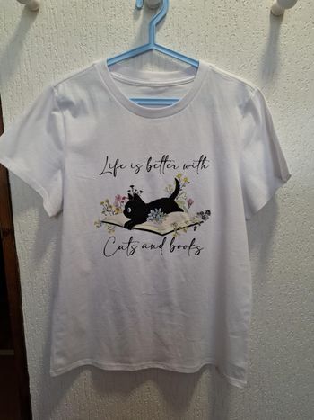 Beau tee-shirt femme blanc imprimé chat/fleurs/livre M neuf