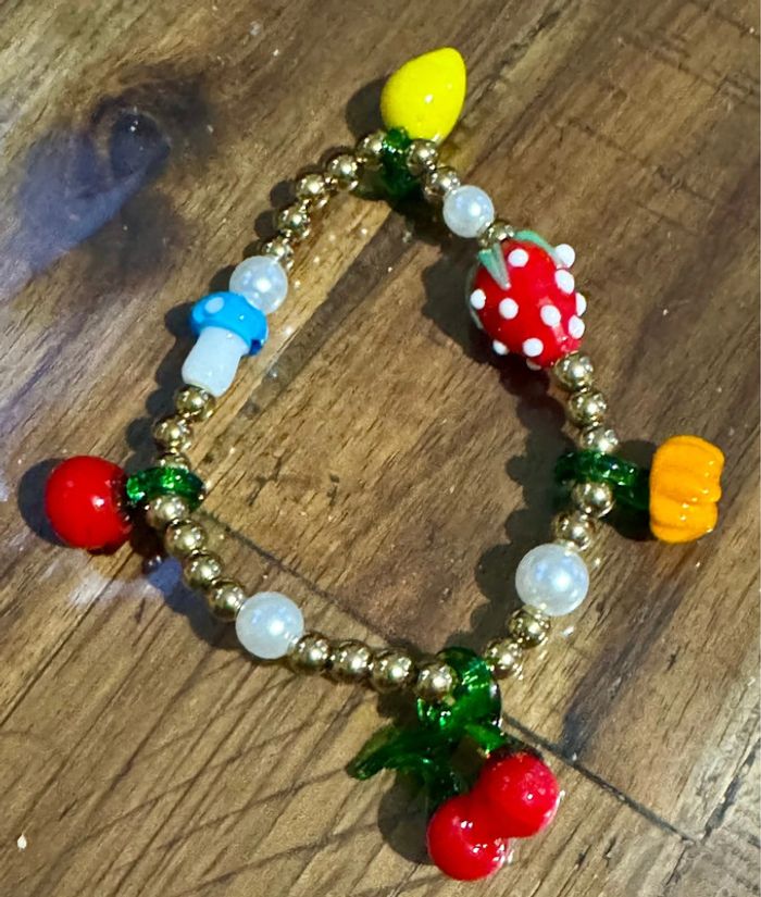 Bracelet perles boules acier inoxydable or réglable fruits en verres habaha Paris - photo numéro 4