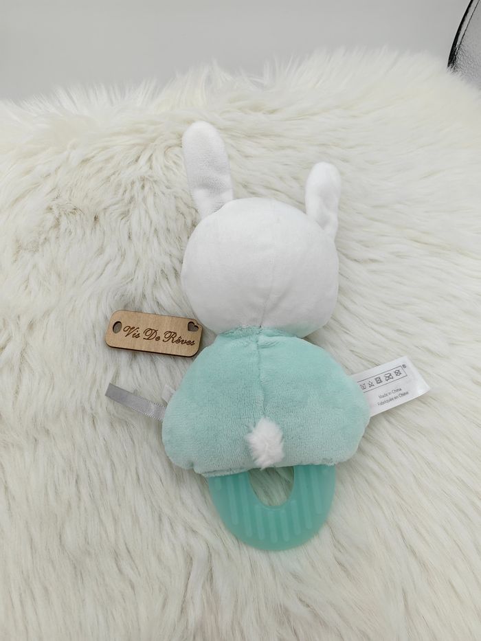 Doudou peluche Hochet lapin blanc et vert d’eau Gipsy - photo numéro 2