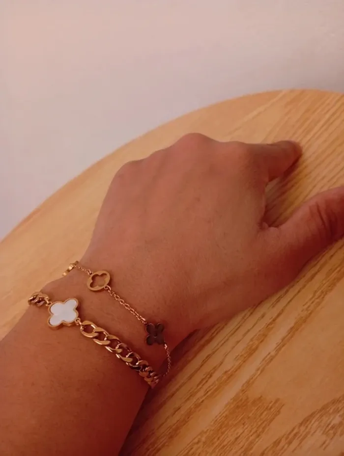 Solde 💝 Double bracelets chaine doré trèfle quatre coeurs bohème tendance fleur onyx opaline - photo numéro 3