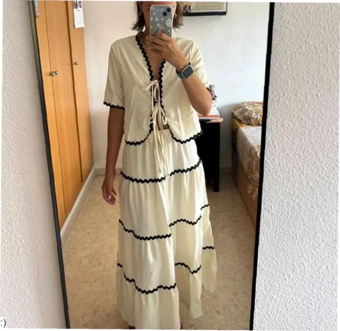 Robe longue beige à nouettes et bords noirs – Style bohème chic – Taille M