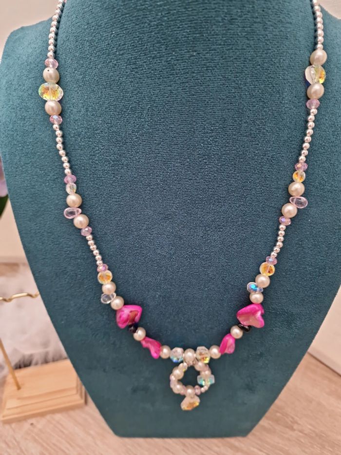 Collier Sautoir Perles Nacrées Perles Cristal Perles Coquillage Fushia - photo numéro 5