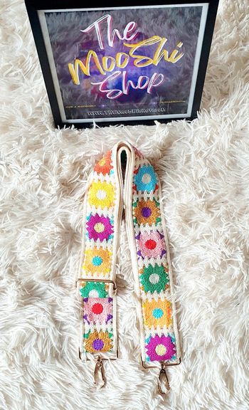 Sangle de sac à main sac banane crochet écru fleur multicolore carré neuve neuf