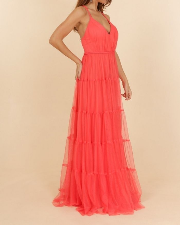 robe ceremonie volanté bretelle tressées corail taille 40 - photo numéro 3