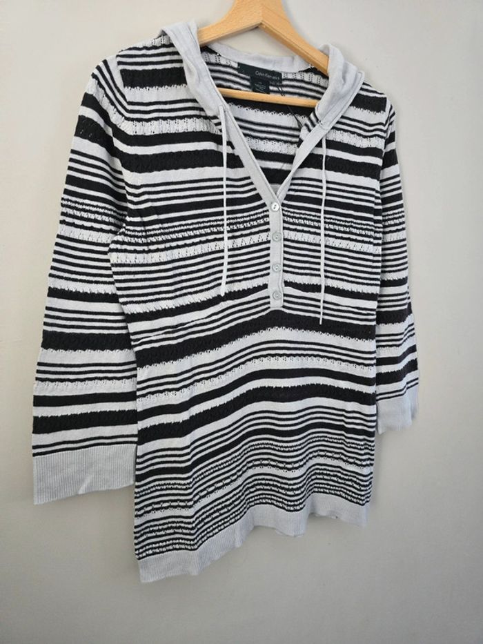 Sweat à capuche Calvin Klein Jeans rayé noir et blanc femme taille L – Style décontracté chic - photo numéro 2