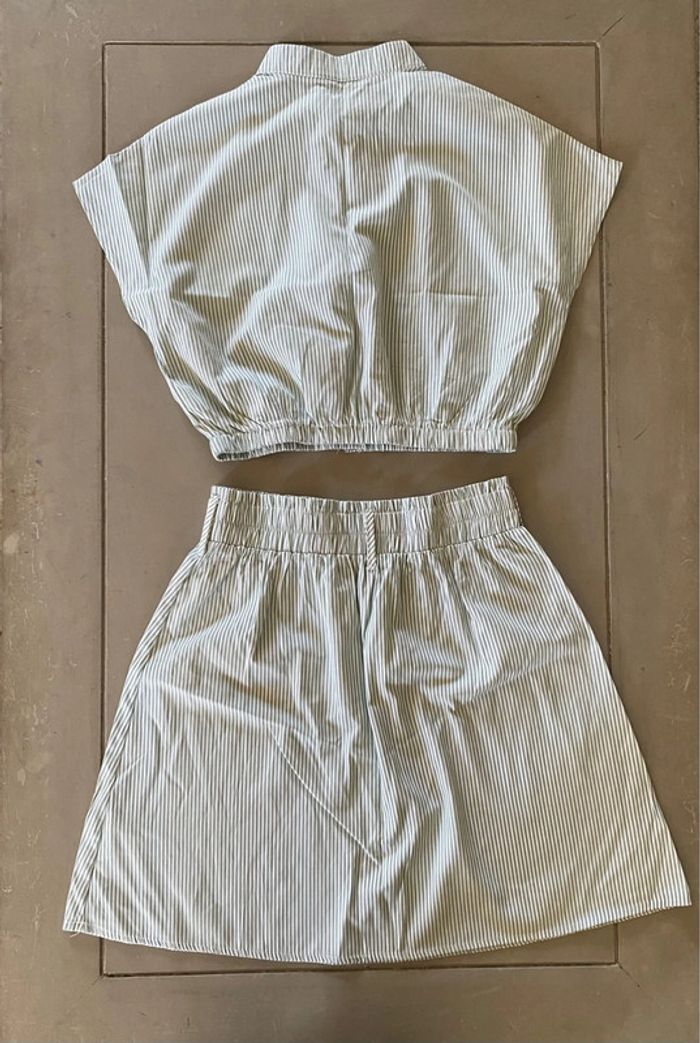 Ensemble chemise et jupe Cos Moda blanc à rayures vertes taille M - photo numéro 12