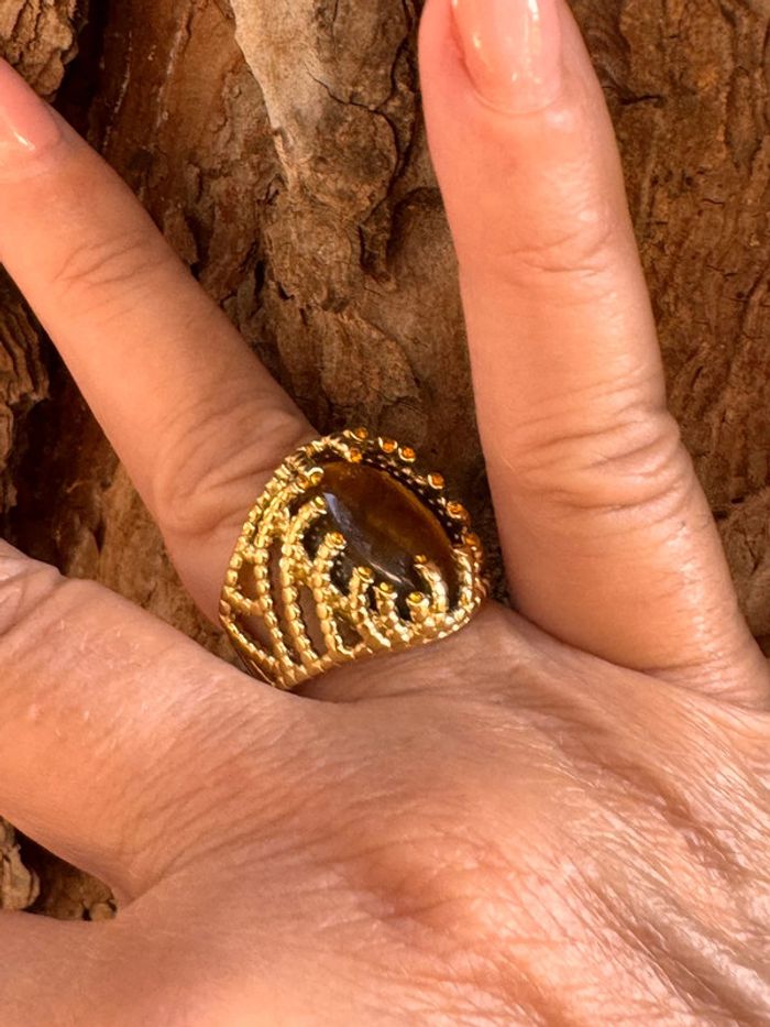 Bague réglable acier inoxydable or pierre couleur œil de tigre cristaux mordorés habaha Paris - photo numéro 3