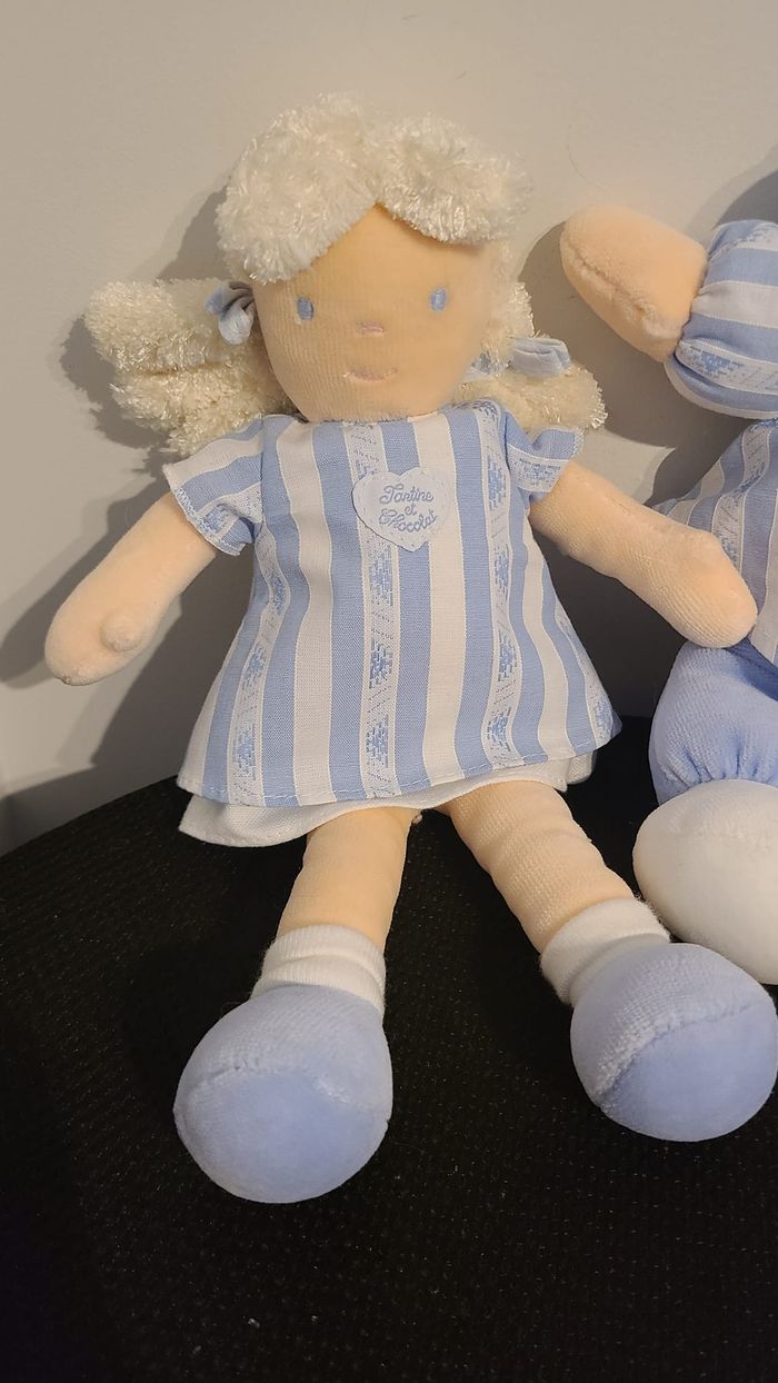 DOUDOU PELUCHE POUPÉE CHIFFON TARTINE ET CHOCOLAT BLEU BLANC RAYÉ 24CM Doudou Poupée Blonde Couette - photo numéro 7