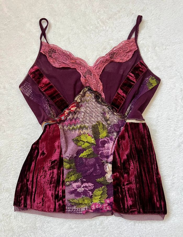 Débardeur bordeaux dentelle velours Whimsigoth vintage made in Italy 90s - Taille S