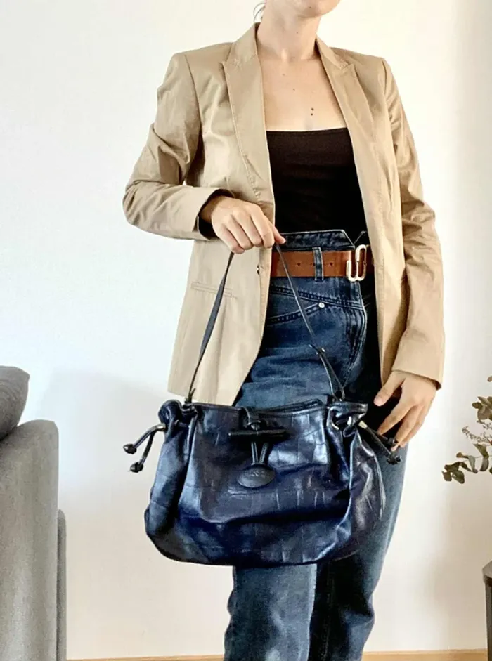 Sac Longchamp Roseau Bleu Foncé Effet Croco Brillant - photo numéro 3