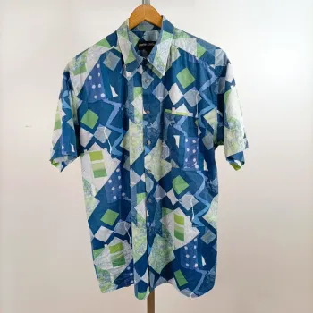 Chemise Pierre Cardin vintage imprimé graphique bleu vert manches courtes Taille 50 A1382