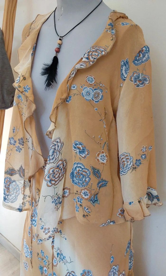 Superbe ensemble fluide Vintage beige bleu jupe et veste boléro T38 - photo numéro 5