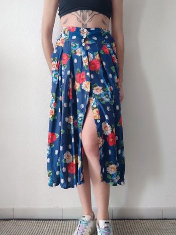 Jupe longue évasée bleu fleur multicolore vintage 70-80 / René Derhy - 34/XS à 36/S
