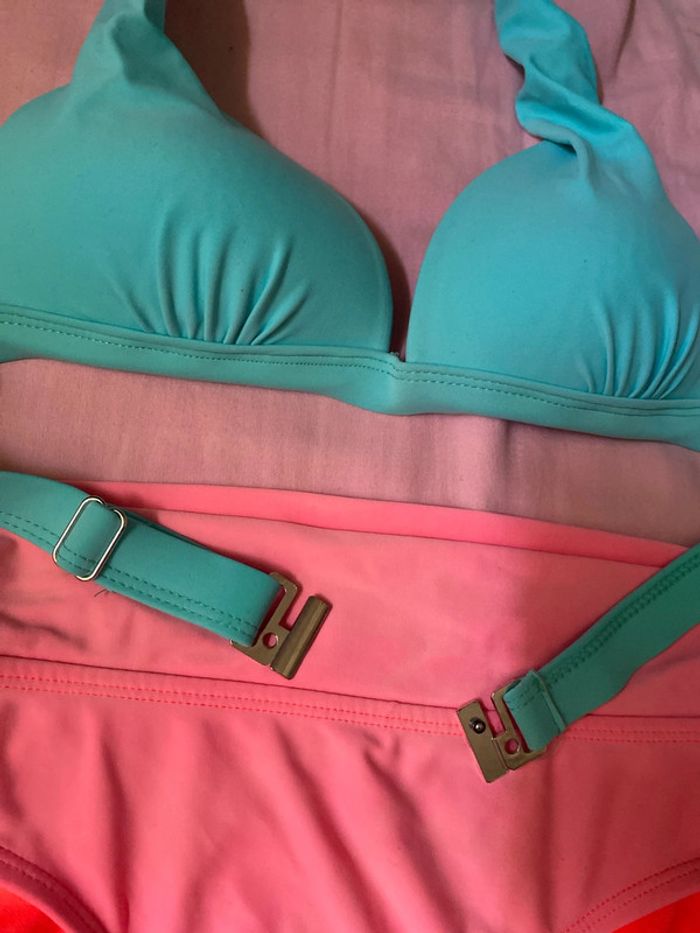 maillot de bain femme deux pièces turquoise et rose - photo numéro 2