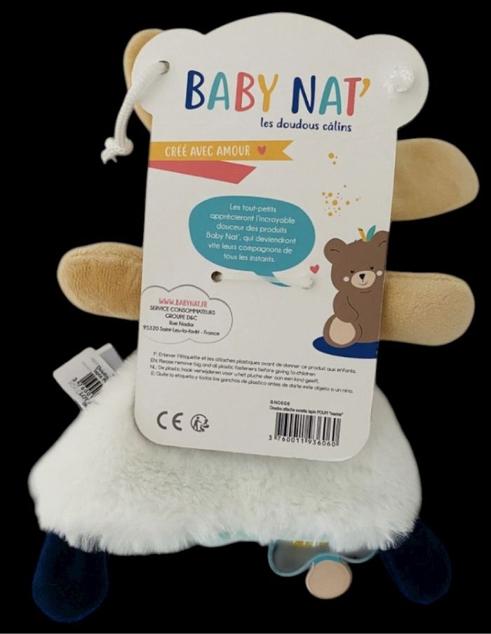 ❤️B4117 Doudou Plat BABY NAT Babynat Lapin POUPI  Bleu blanc attache tétine fleur - photo numéro 2