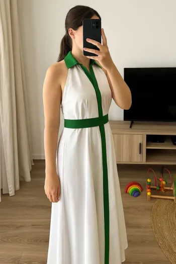 Robe longue élégante blanche et verte 💚 fente tendance – Taille 38
