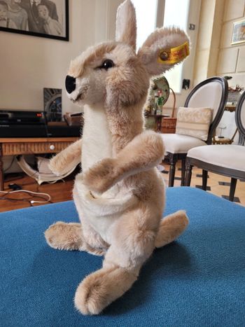 RARE Peluche Kangourou Steiff debout 38cm collection poche Australie beige blanc