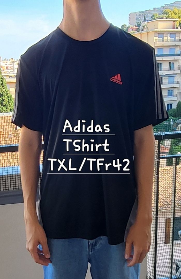 Adidas TShirt TXL/TFr42- Noir- Coupe Droite- 100%Polyester en TBE - photo numéro 1