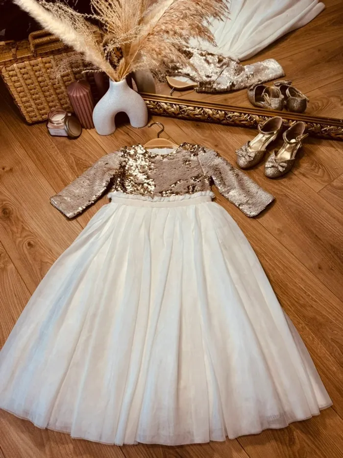 Taille 3-4 ans robe longue créateur fille TAO blanche doré * sequins réversibles tulle * 💞