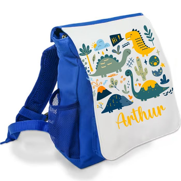 Sac à dos enfant bleu personnalisé prénom - Motif dinosaures stylisés - Rabat imprimé amovible - Sac crèche ou maternelle garçon