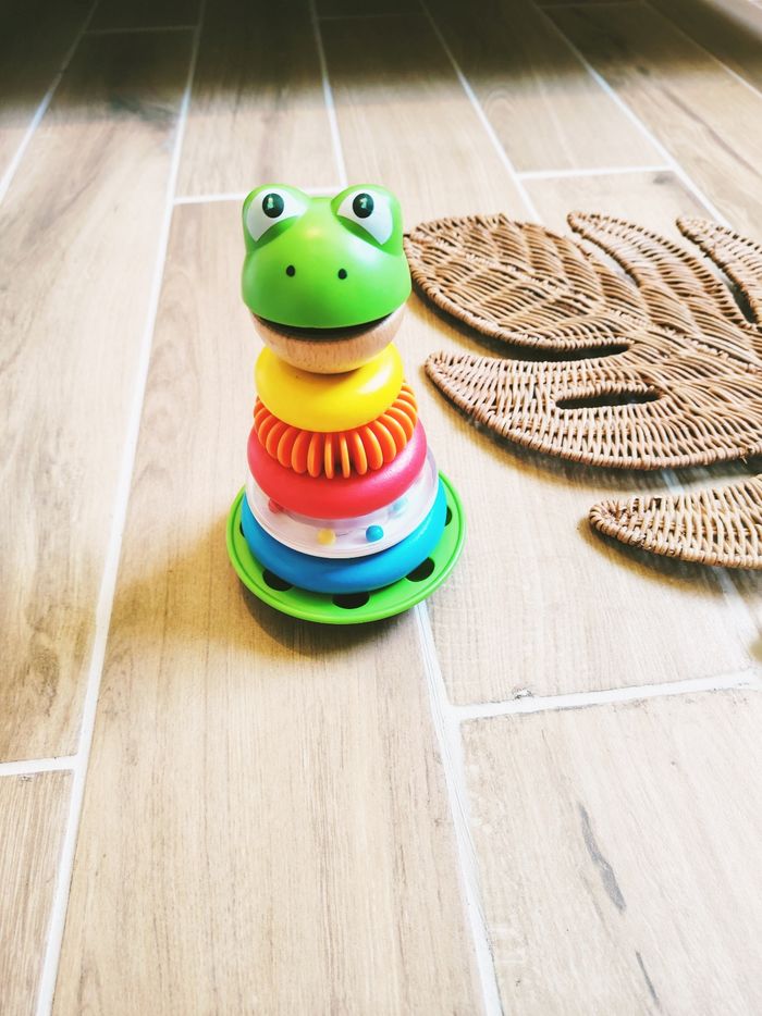 🐸Pyramide/tour Grenouille avec anneaux multicolores à empiler en bois et plastique marque Hape