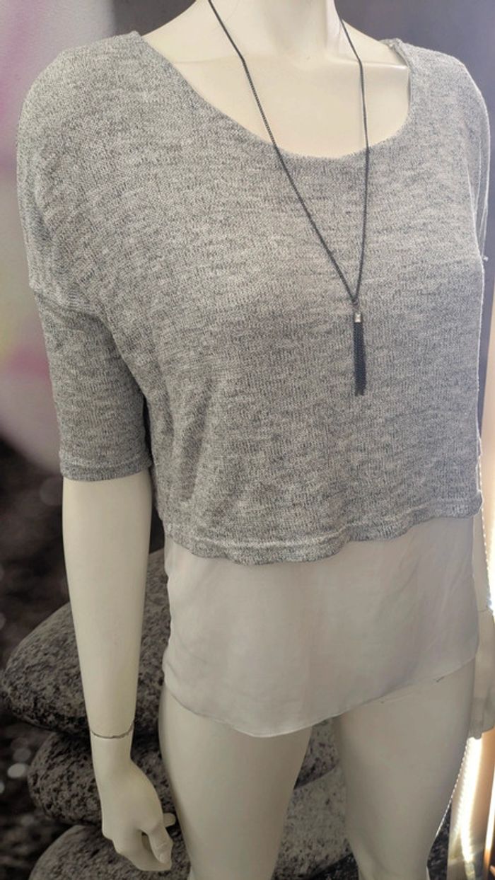 Haut pull léger manche 3/4 gris et blanc - photo numéro 2