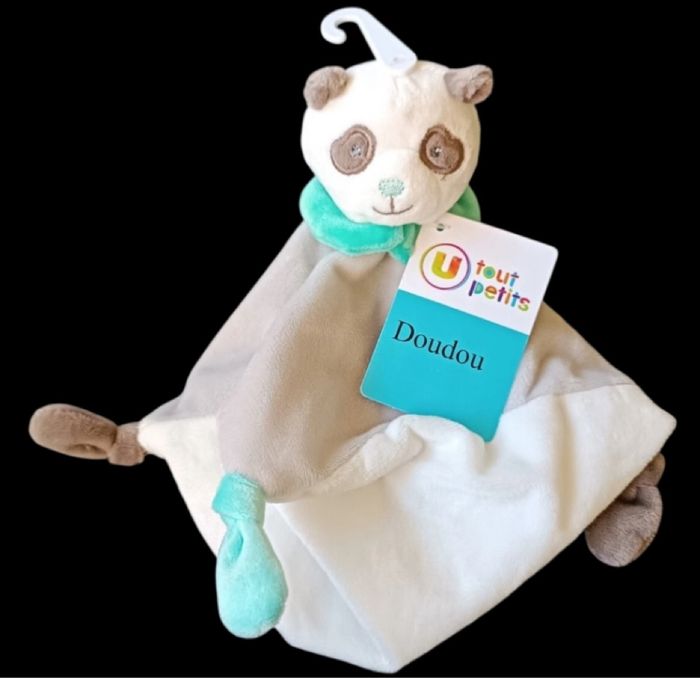 ❤️B324 Doudou Plat ours Panda Gris Blanc Etoiles Tout Petits SYSTEME SUPER U - photo numéro 3
