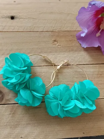 Boucles d'oreilles créoles fleurs turquoise
