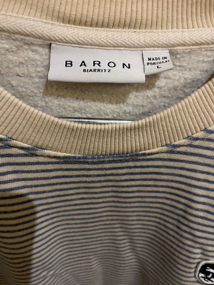 Sweat rayé beige et bleu clair avec logo baron biarritz taille L unisexe - photo numéro 9