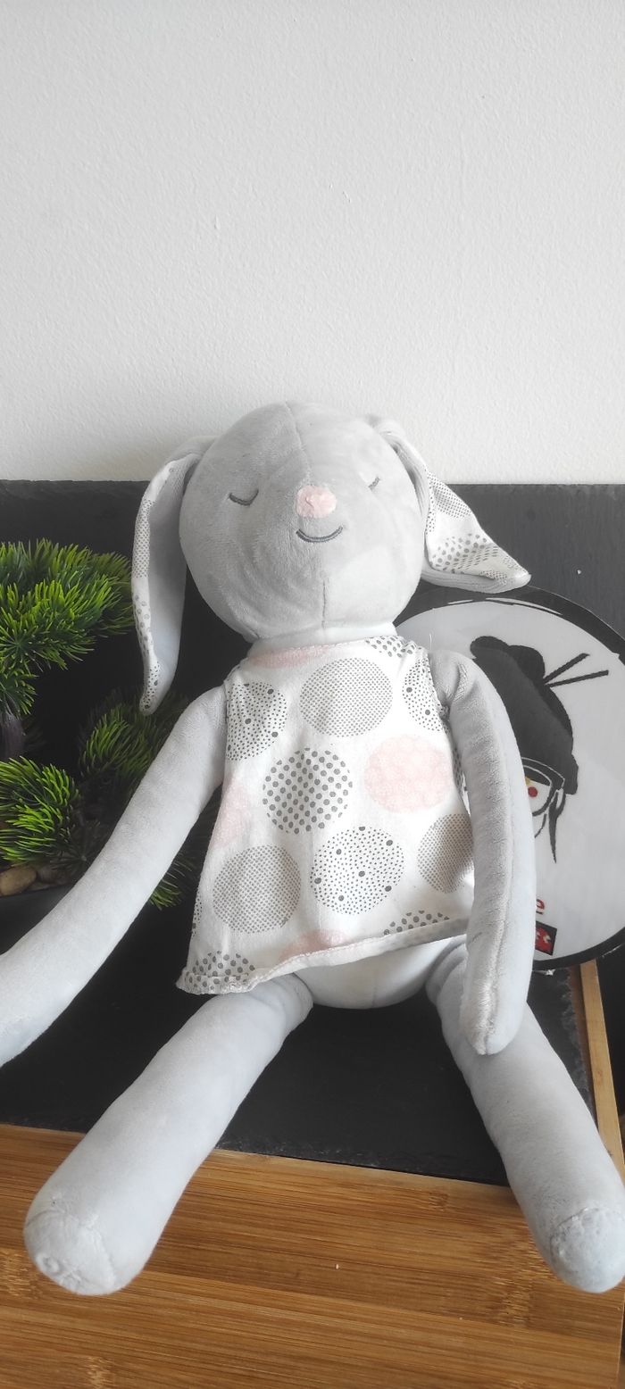 Doudou Lapin gris rose blanc robe obaibi okaidi  peluche rond Pois Endormi
