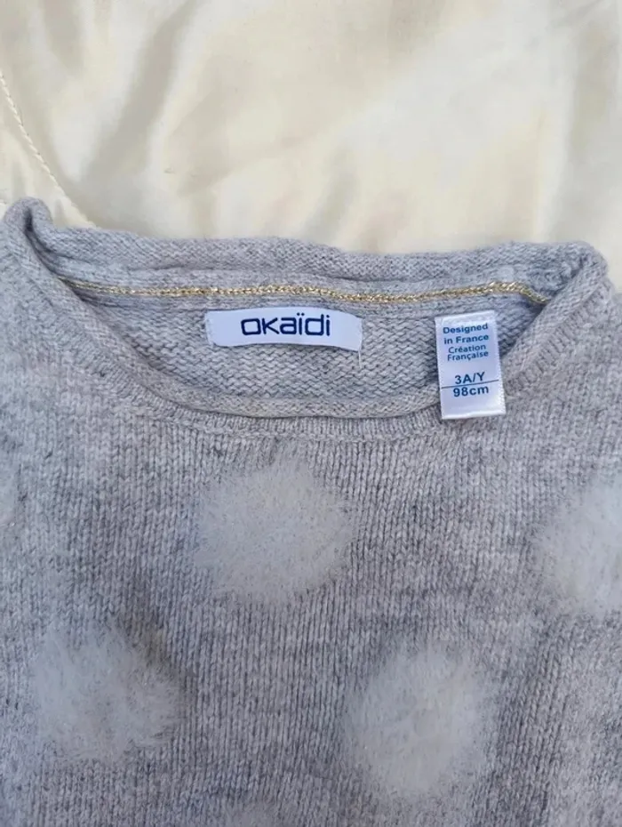 Pull manches longues gris rond blanc tout doux Okaïdi 3 ans - photo numéro 2